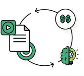 circular icon with dollar signs and boxes